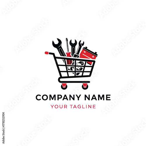 Shopping Cart with Mechanic Tools & Auto Parts - Customizable Logo Design for Hardware, Automotive, and Repair Businesses, Flat Vector Elements, Vector Illustration, Simple Vector, Stylized Vector