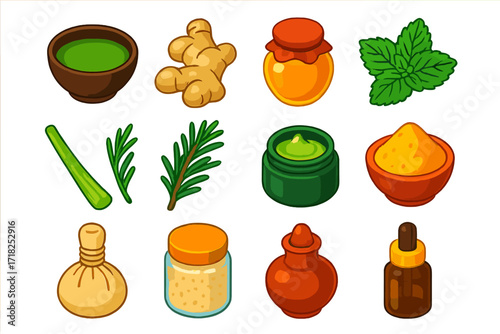 Herbal Spa Essentials. Isometric vector illustration set Herbal Spa Treatments: green tea bowl, ginger root, honey jar, mint