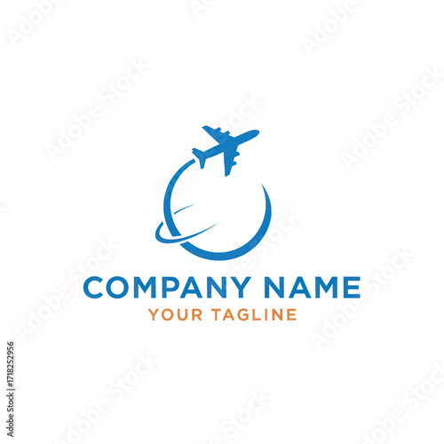Blue Airplane Flying Around Globe Logo with Company Name and Tagline, Ideal for Travel, Aviation, and Logistics Branding, Flat Vector Elements, Vector Illustration, Simple Vector, Stylized Vector
