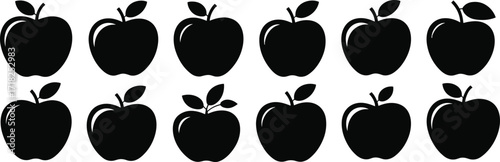 Black apple silhouettes, minimal fruit icons, visual odd-one-out puzzle, graphic pattern, leaf variation, educational design, vector illustration, isolated
