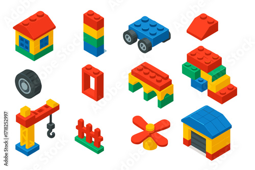Construction Toys Set. Isometric vector illustration set Construction Toys: lego-style house, tower build, toy car base, roof