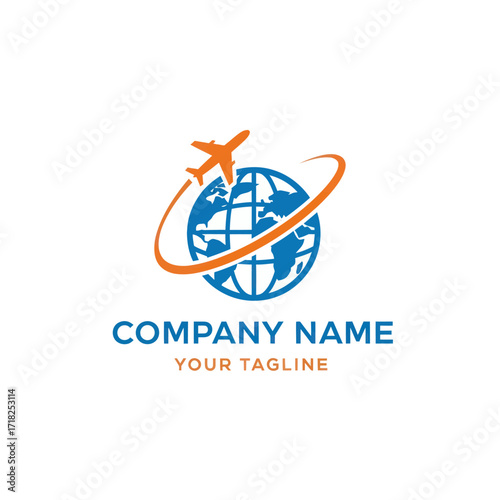Global Travel and Logistics Company Logo with Airplane, Globe, and Curved Flight Path on White Background, featuring Blue and Colors, Flat Vector Elements, Vector Illustration, Simple Vector,