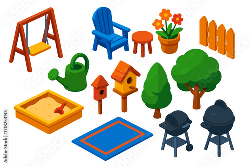 Dollhouse Garden Isometric Icons. Isometric vector illustration set Dollhouse Garden: swing set, patio chair, tiny table, flower