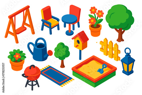 Dollhouse Garden Isometric Icons. Isometric vector illustration set Dollhouse Garden: swing set, patio chair, tiny table, flower