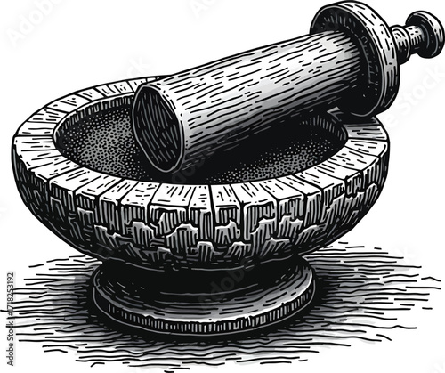 Traditional stone mortar and pestle, ancient spice grinding kitchen tool

