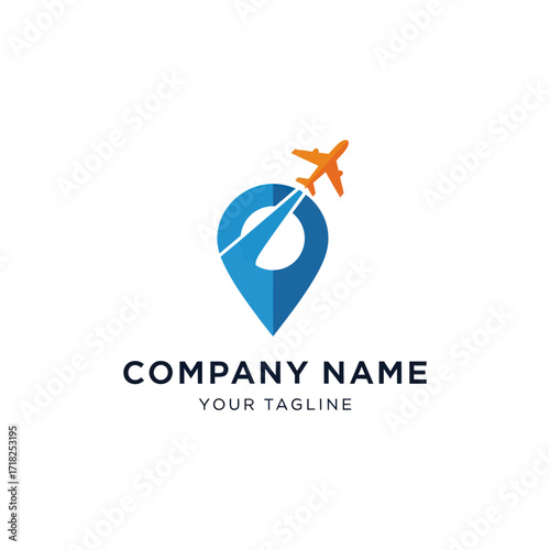 Modern Travel and Navigation Logo with Blue Location Pin and Airplane on White Background, Flat Vector Elements, Vector Illustration, Simple Vector, Stylized Vector Drawing, Vector Template, Clean