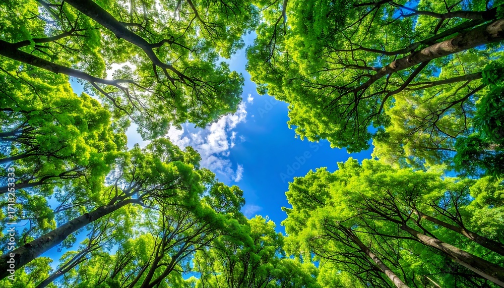 Obraz premium Lush green trees canopy reaching towards a vibrant blue sky