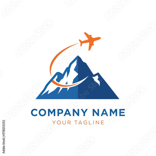 Mountain and Airplane Travel Logo Design with Curved Path and Tagline on White Background, Flat Vector Elements, Vector Illustration, Simple Vector, Stylized Vector Drawing, Vector Template, Clean
