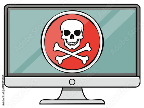 Computer monitor displays skull and crossbones warning symbol for malware or security threat