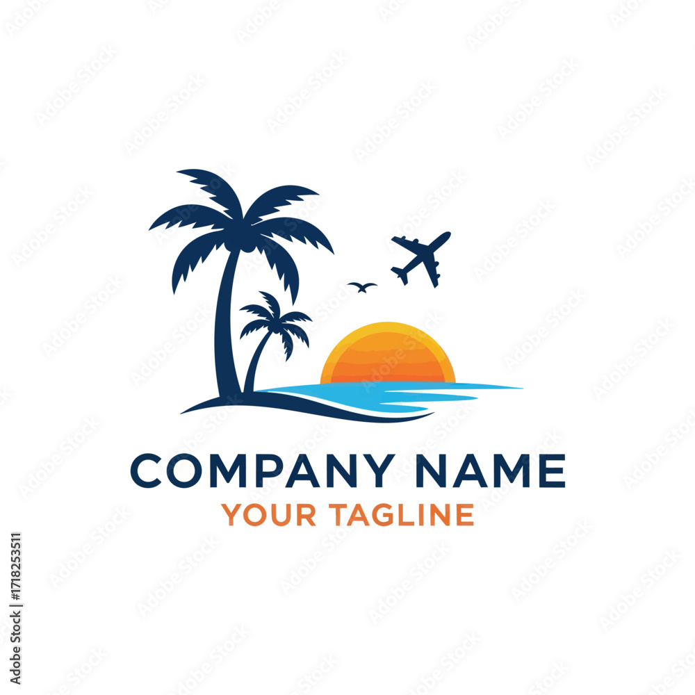 Naklejka premium Tropical Travel Logo Design featuring Palm Trees, Sunset, Ocean, Airplane, and Birds, ideal for Beach Vacation and Tourism Companies, Flat Vector Elements, Vector Illustration, Simple Vector,