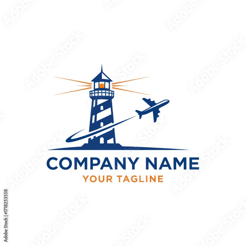 Modern Lighthouse and Airplane Logo with Light Beams for Travel and Logistics Branding, Flat Vector Elements, Vector Illustration, Simple Vector, Stylized Vector Drawing, Vector Template, Clean