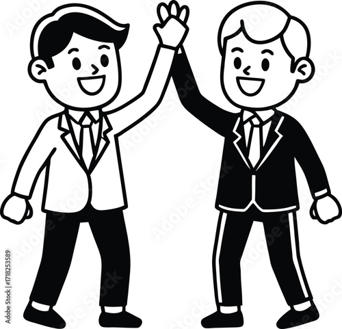 Two happy cartoon businessmen in suits giving each other a high five in celebration of success and teamwork