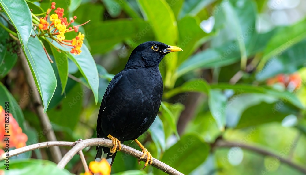 Fototapeta premium Black Bird Perched on Branch.