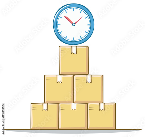 Clock sitting on a pyramid stack of cardboard delivery boxes illustrating shipping deadlines and logistics