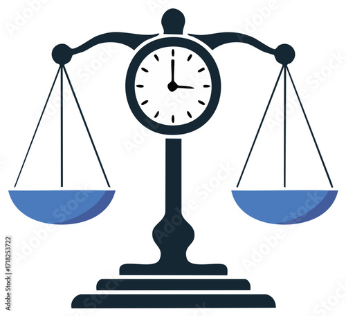 Symbolic illustration of a balance scale with an integrated clock face representing time management and legal justice
