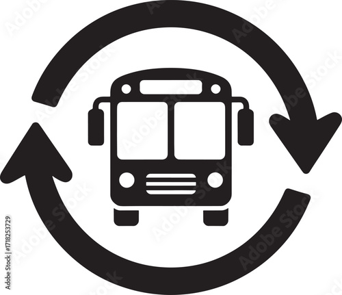 Black icon of a bus with circular arrows indicating rotation or route transportation vehicle