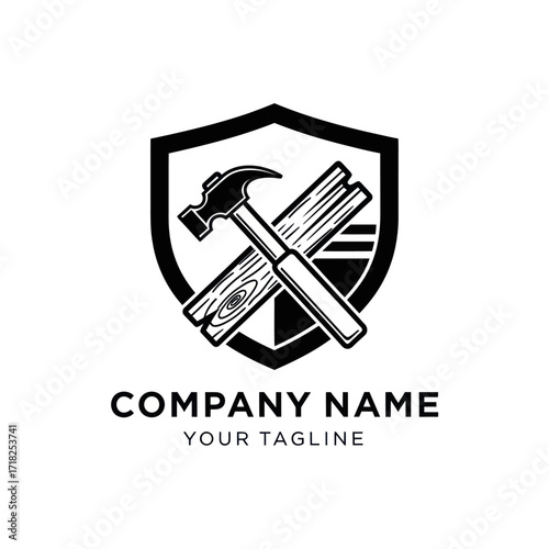 Minimalist Black and White Logo for Carpentry and Construction Business, Featuring a Hammer, Wood Plank, and Shield Emblem, Ideal for Professional Branding and Service Industries, Flat Vector