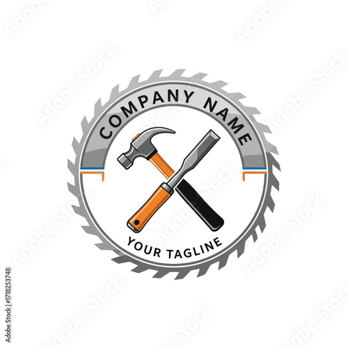 Carpentry and Construction Logo with Saw Blade, Hammer, and Chisel on White Background, Flat Vector Elements, Vector Illustration, Simple Vector, Stylized Vector Drawing, Vector Template, Clean