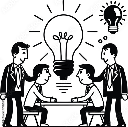 Diverse team of professionals collaborating and brainstorming innovative ideas around a giant lightbulb representing creativity and solutions