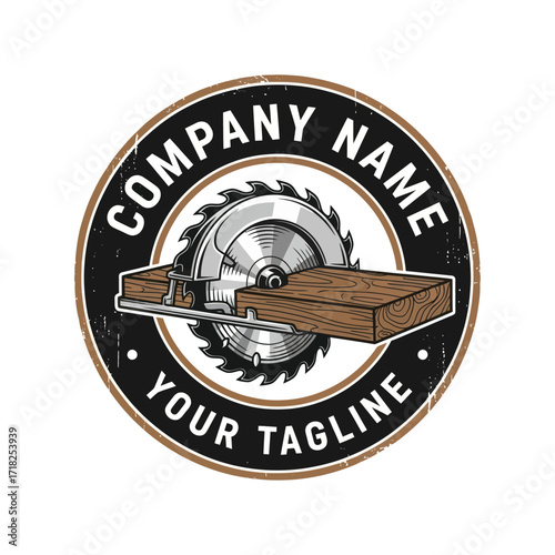 Circular Saw Cutting Wood Logo Emblem for Woodworking and Carpentry Businesses, Featuring Distressed Texture and Custom Tagline, Flat Vector Elements, Vector Illustration, Simple Vector, Stylized