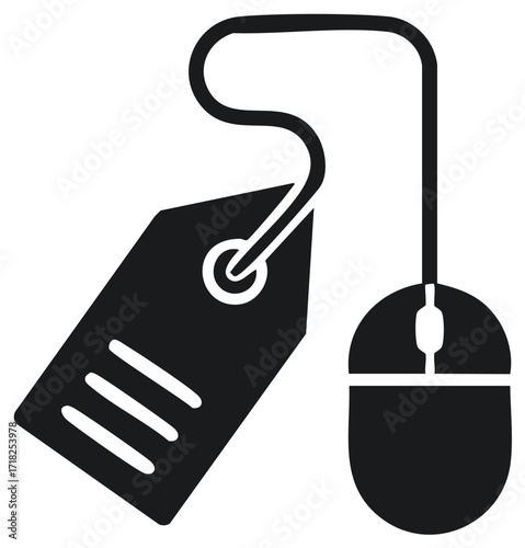 Iconic depiction of price tag attached to computer mouse symbolizing cost of online activities or purchases