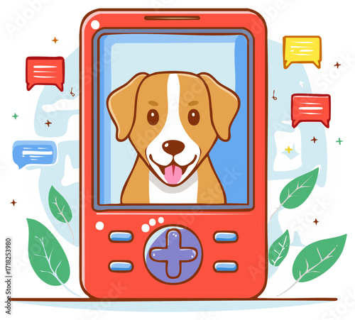 Cute Dog on a Red Device Screen with Messaging Bubbles and Plant Elements