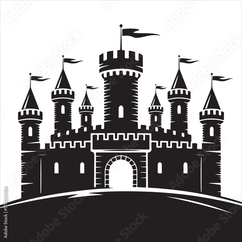 Medieval castle vector illustration with towers and fantasy design