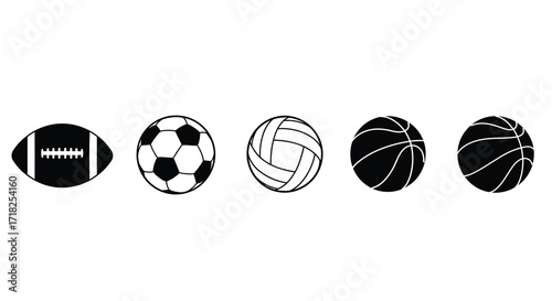 A collection of monochrome sports balls including football soccer and basketball