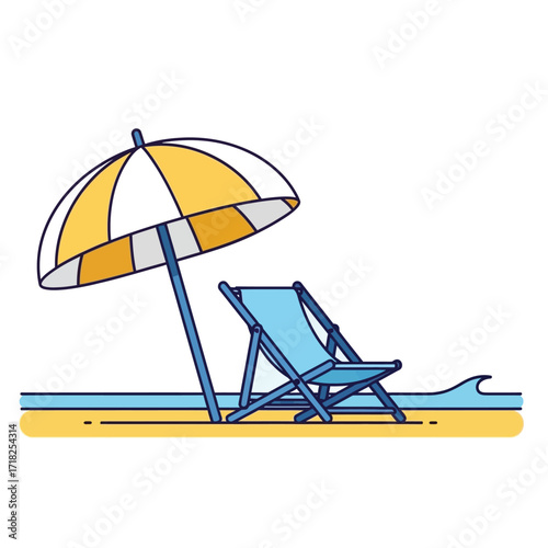 A beach chair and striped umbrella illustration on a sandy shore