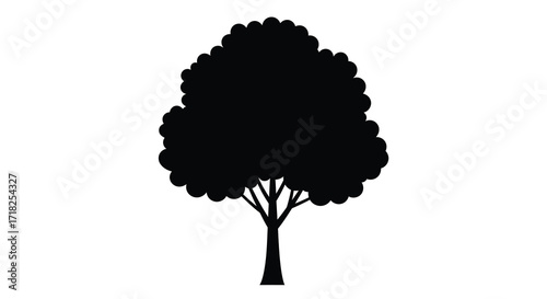 Simple black silhouette of a tree with dense foliage on white background