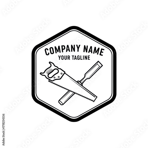 Black and White Hexagonal Logo Template with Crossed Hand Saw and Chisel for Carpentry, Construction, and Renovation Businesses, Flat Vector Elements, Vector Illustration, Simple Vector, Stylized