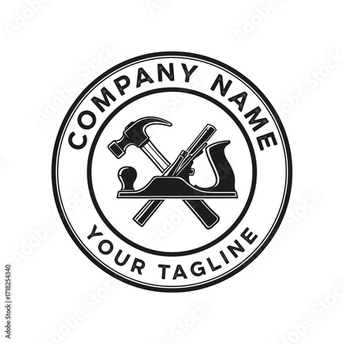 Style Woodworking Logo with Crossed Hammer and Hand Plane, Monochrome Craftsmanship Emblem on White Background, Flat Vector Elements, Vector Illustration, Simple Vector, Stylized Vector Drawing,