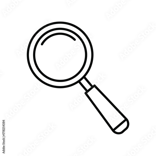 Simple black and white line drawing of a magnifying glass isolated