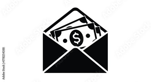 Black and white illustration of an open envelope containing dollar bills