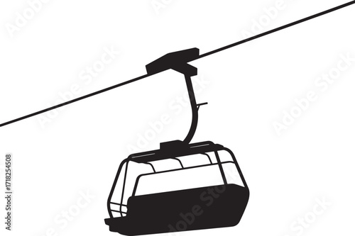 Black silhouette of a ski lift gondola suspended on a cable Keywords: ski lift, gondola, cable car