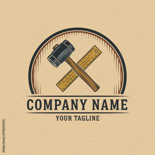 style logo design featuring crossed sledgehammer and rulers within a rustic frame, suitable for construction or craftsmanship businesses, presented on a light tan background with customizable text.,