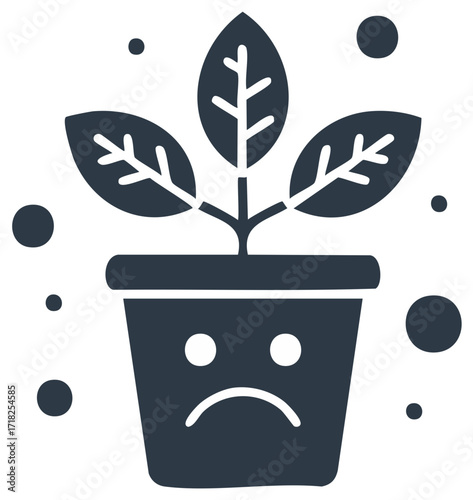 Melancholy potted plant with a sad face on its pot representing sickness or environmental distress