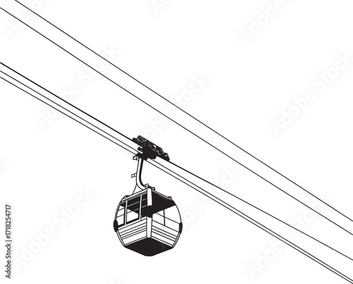 Cable Car Cabin Suspended on Wires Against White Background Keywords: cable car, gondola, ski lift