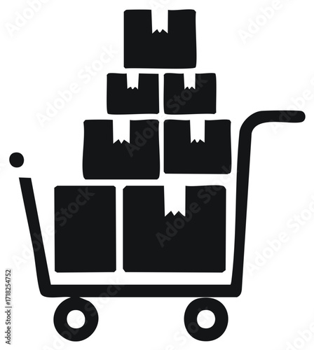 Shopping cart icon with a stack of cardboard boxes for delivery, shipping, and logistics