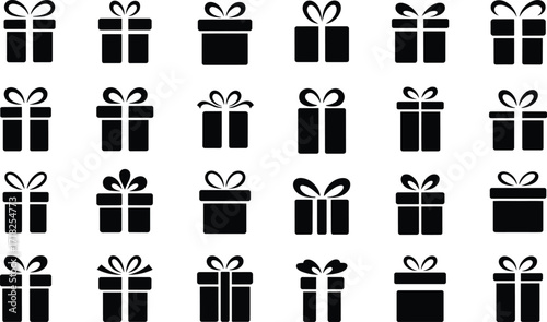 Black gift box icons, ribbon silhouette set, holiday packaging symbols, festive present graphics, vector design elements, celebration, Christmas, birthday