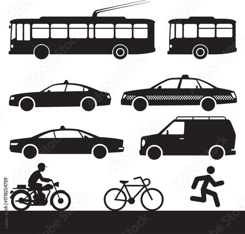 Black silhouettes of various transportation vehicles and people tram
