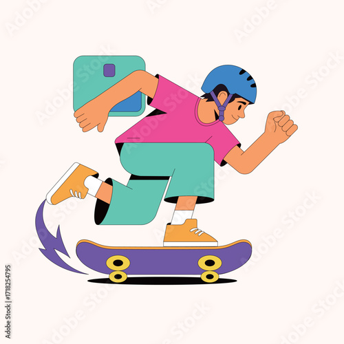 Dynamic delivery driver on skateboard with helmet, ready to ship packages fast, perfect for express shipping promos and modern courier services