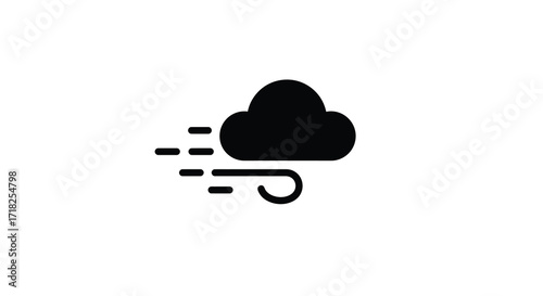 A simple black cloud icon with rain droplets and a wind gust