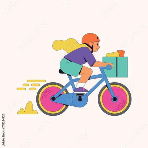 Express delivery is here with a cyclist ready to deliver packages quickly, featuring a woman on a bike with vibrant colors for a modern feel