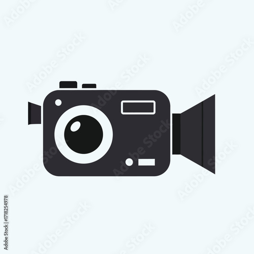 Simple black camera icon illustration with a prominent lens and viewfinder