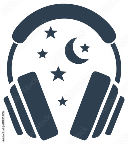 Dark Silhouette of Headphones with Crescent Moon and Stars Illustration