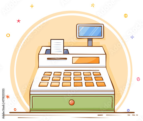 Illustration of a charming cartoon cash register with screen and receipt