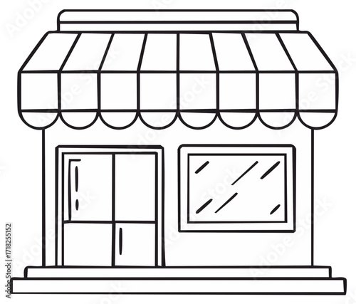 Outlined storefront with striped awning and display windows cartoon illustration
