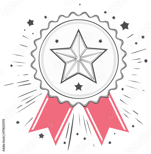 Rosette with Star and Ribbons, Emblem with Rays, Award Badge Illustration