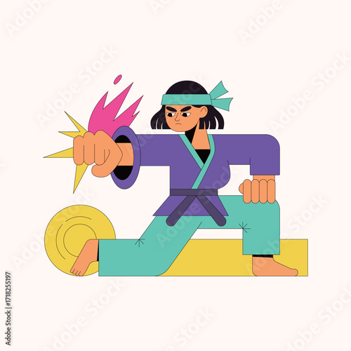 Dynamic and powerful karate master demonstrating a strong punch, ready to showcase martial arts skill with vibrant colors and modern design elements.